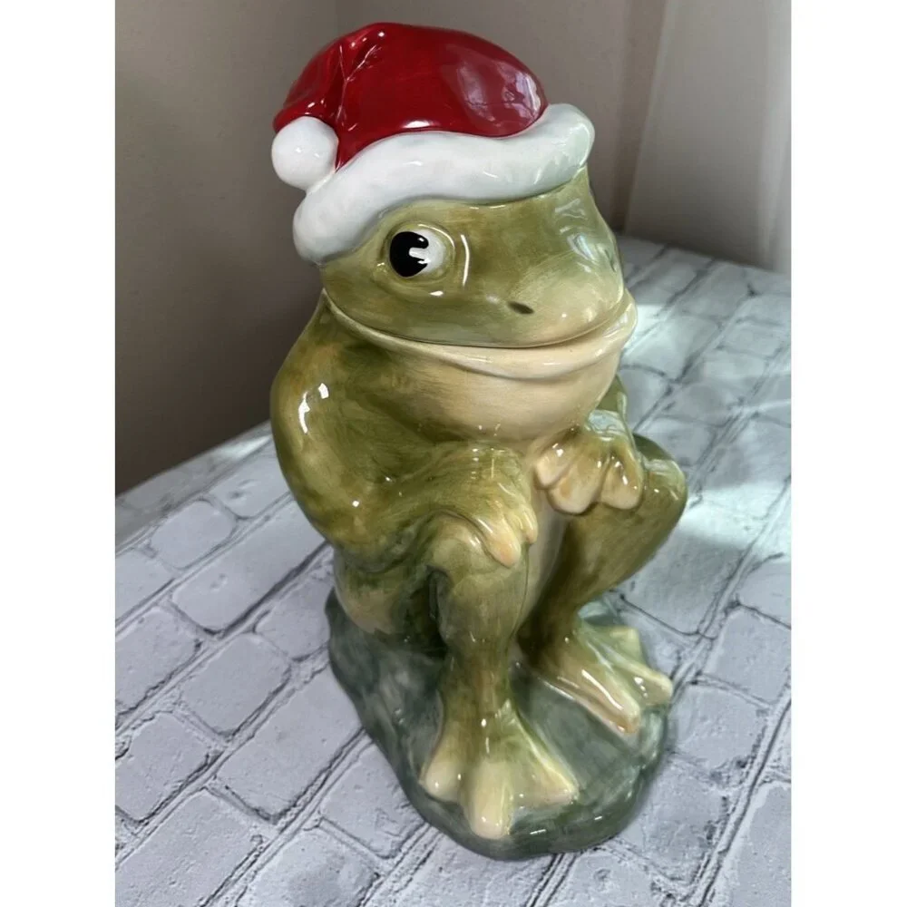 American Retro Frog with Santa Hat Cookie Jar Hand Painted Christmas 2005 Vtg